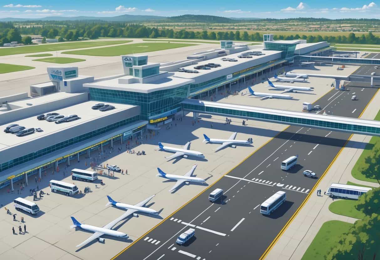 Aerial view of a regional airport in Chico, California showing airplanes at gates, passengers waiting, and airport staff assisting during flight cancellations.