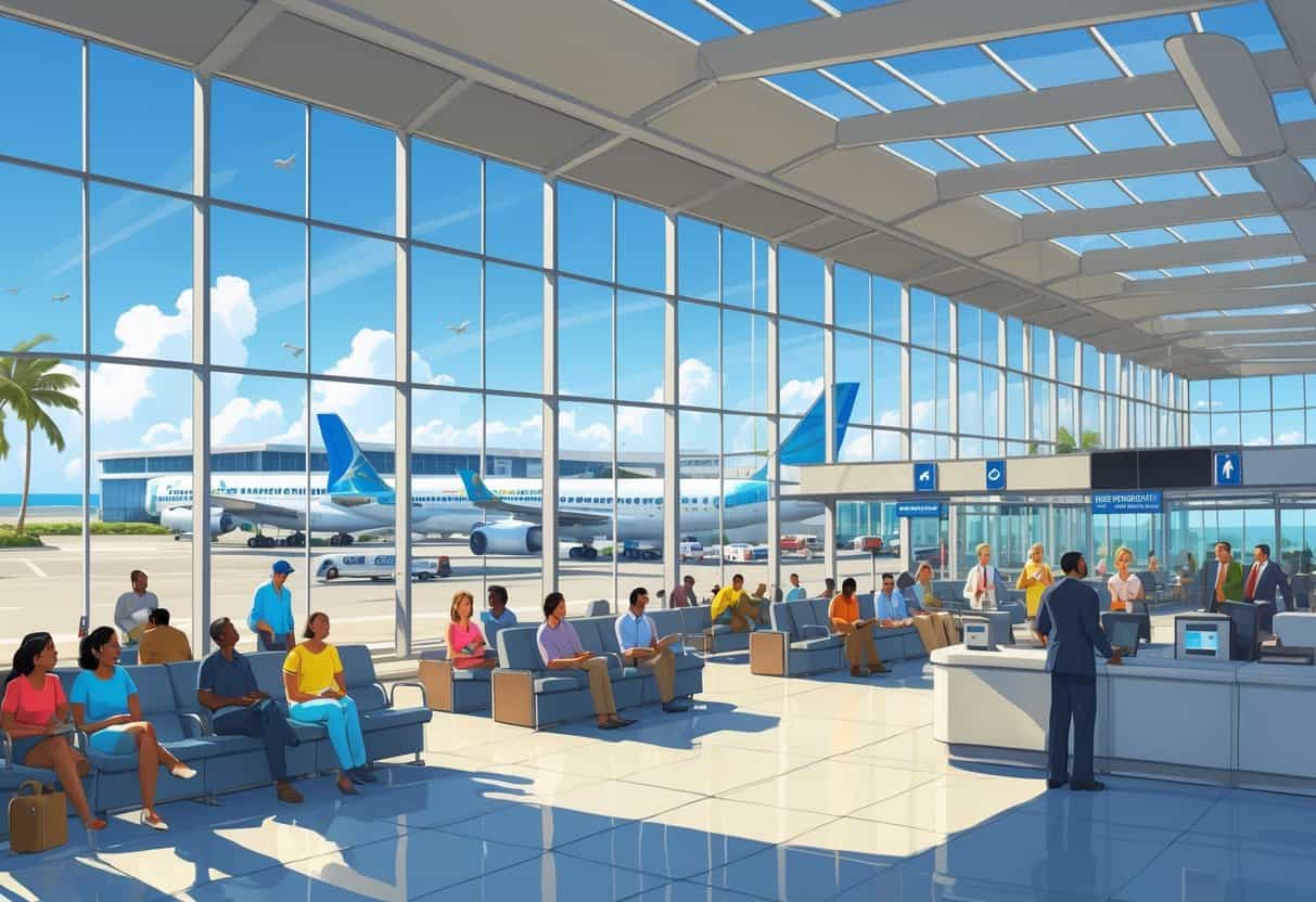 A busy airport terminal in Clearwater, Florida, with passengers waiting calmly and airplanes visible outside near palm trees and the coastline.