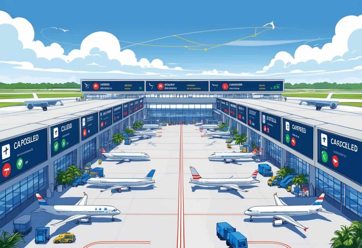 An airport terminal with planes at gates, flight status boards showing cancellations, and a map highlighting Clearwater, Florida.