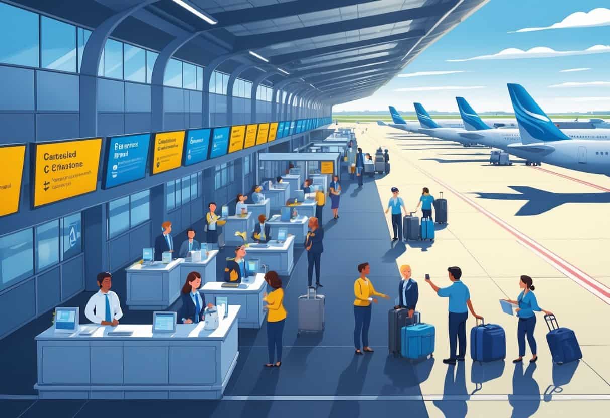 An airport terminal with passengers receiving help from airline staff near flight information screens and airplanes visible outside.