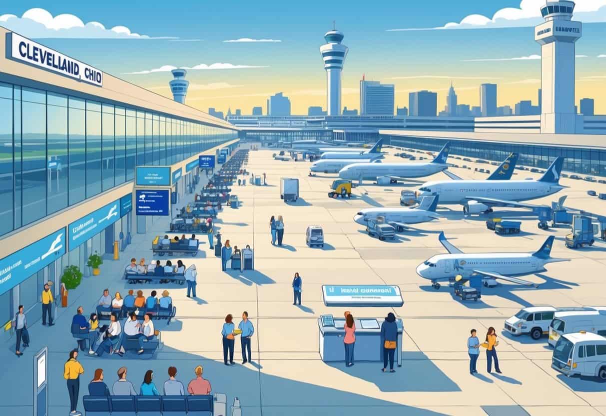 A busy airport terminal in Cleveland with travelers waiting and staff assisting passengers near gates and seating areas.