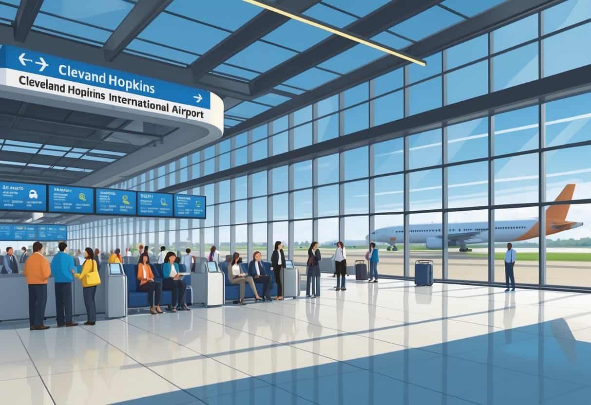 Travelers waiting calmly inside Cleveland Hopkins International Airport with staff assisting and planes visible outside on the runway.