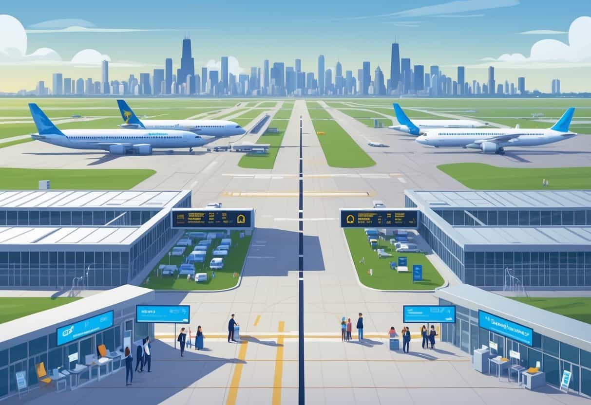 Map of Chicago highlighting two airports with airplanes, terminals, and passengers receiving assistance, with Chicago skyline in the background.
