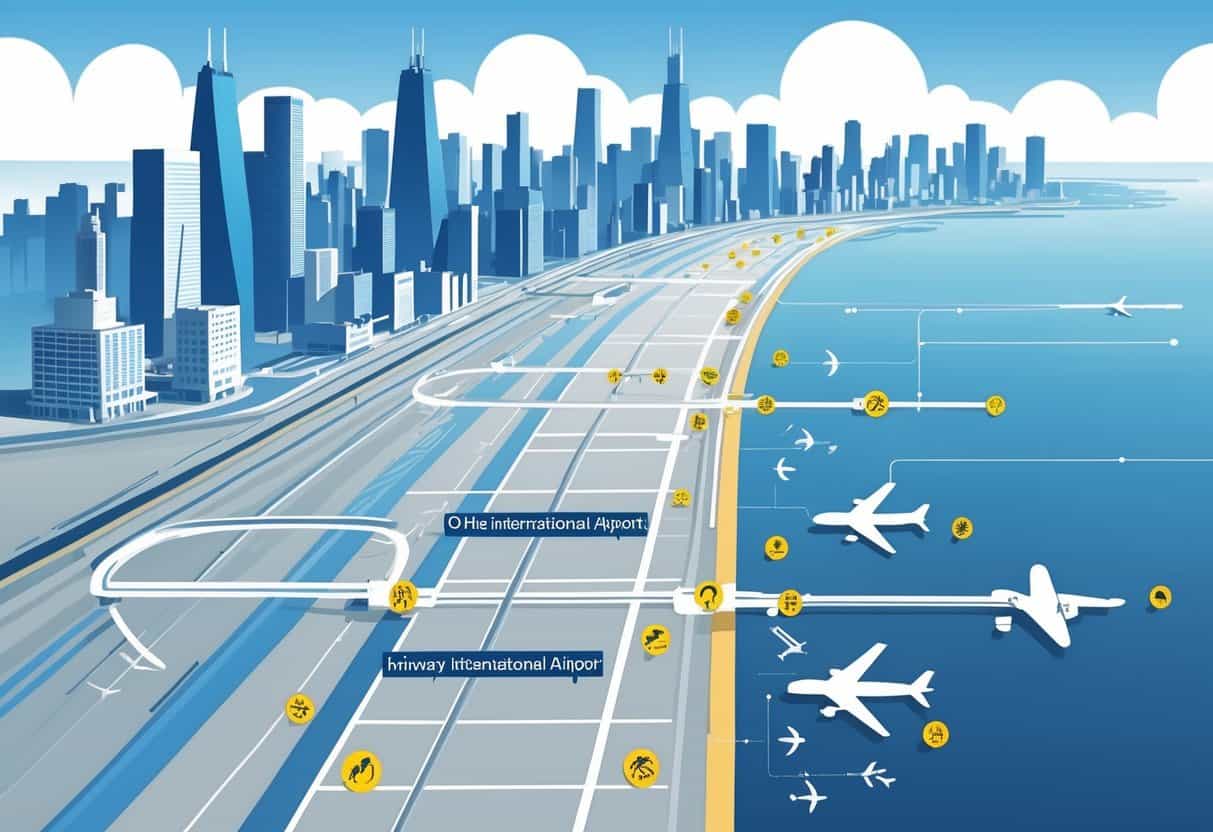 Map of Chicago showing major airports with icons representing flight cancellations and delays, with the city skyline in the background.