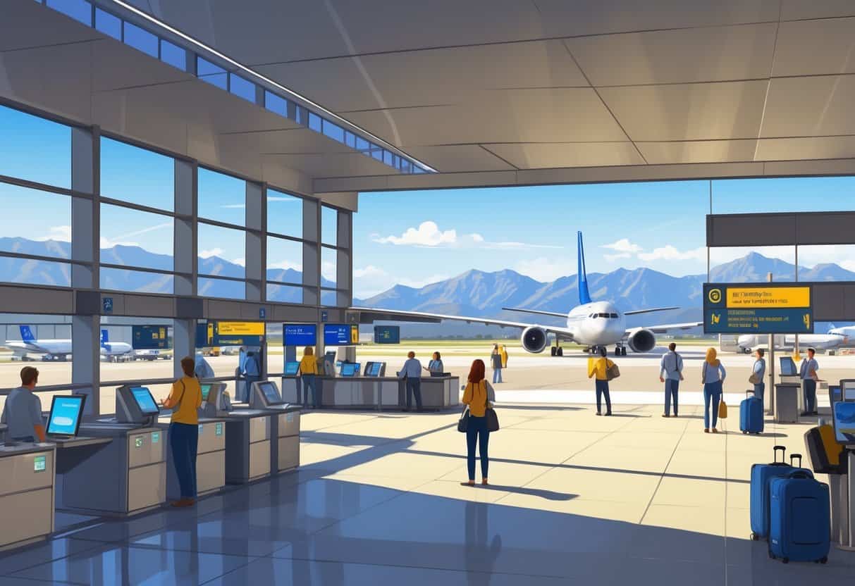 An airport terminal in Colorado Springs with travelers and staff managing flight cancellations, large windows show airplanes and mountains outside.