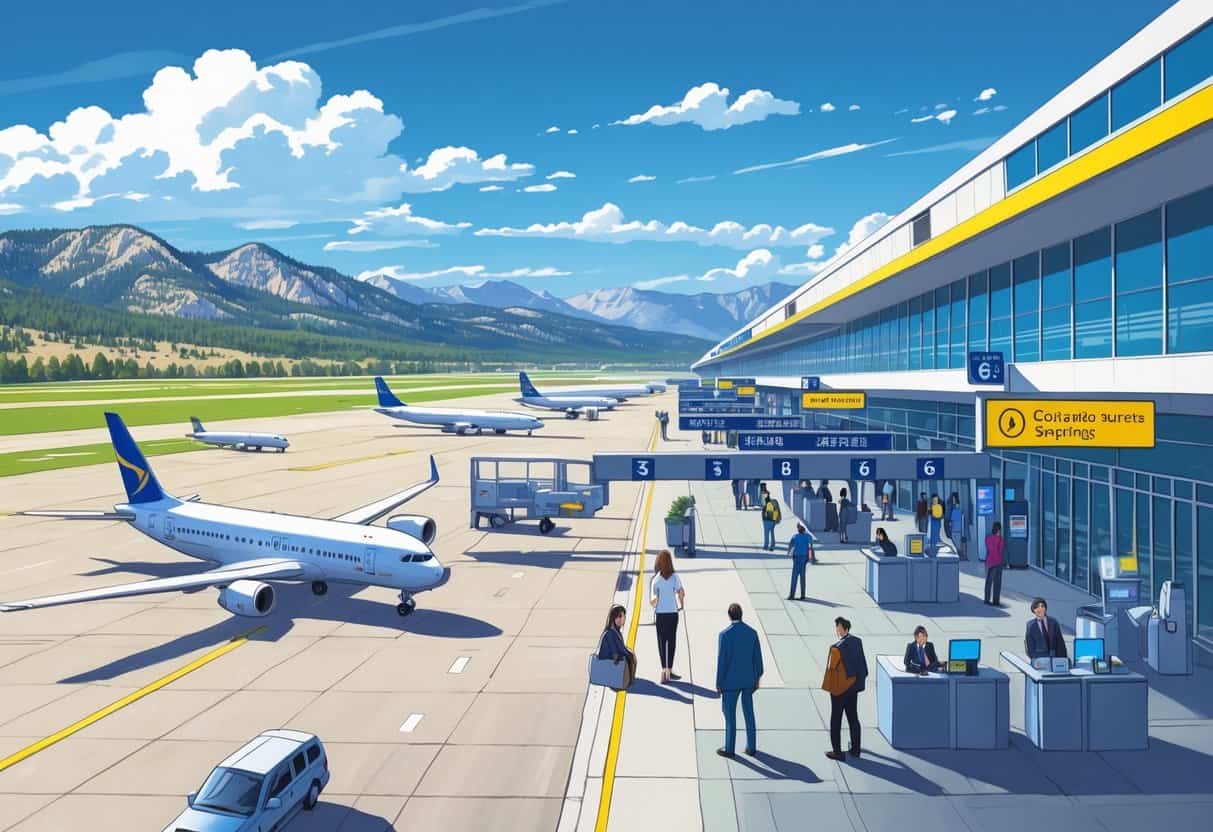 A busy airport near Colorado Springs with airplanes, travelers, airline staff, and mountains in the background.