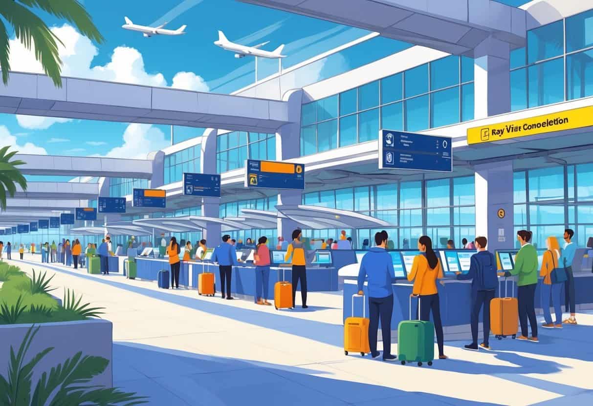 An airport terminal near Chula Vista with passengers waiting calmly, airplanes at gates, and staff assisting travelers under a sunny sky with palm trees outside.