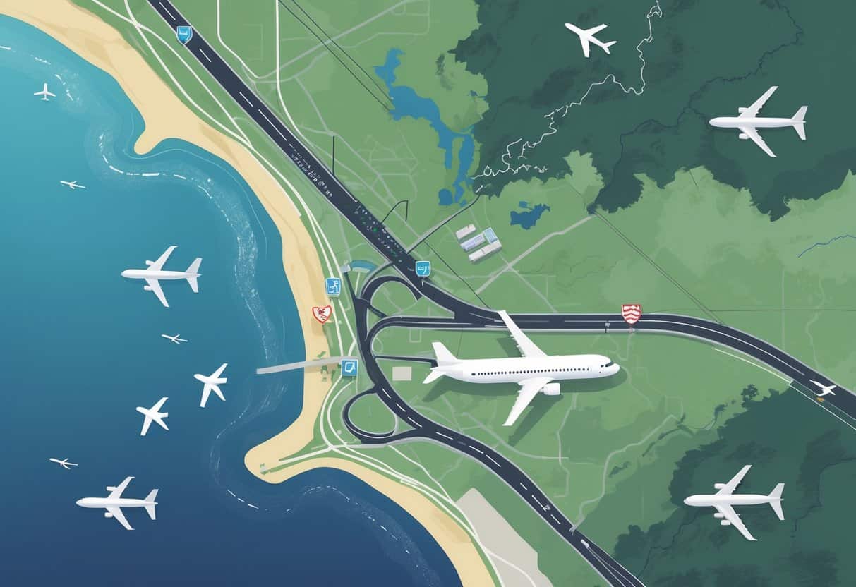 Map showing Chula Vista, California, with nearby airports marked and connected by roads, featuring airplanes and airport terminals.