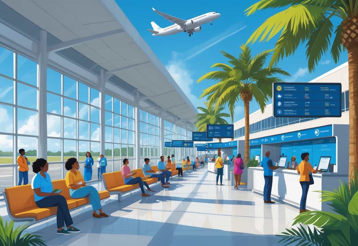 A busy airport terminal in Columbia, South Carolina, with passengers waiting calmly and airport staff assisting them under a bright sky.