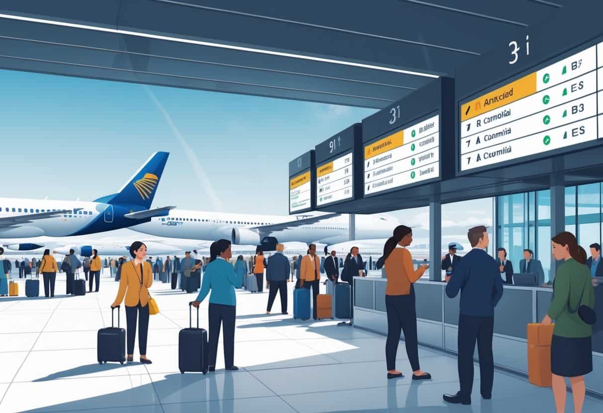Airport terminal in Columbia, South Carolina with passengers waiting and airport staff assisting near gates and airplanes, showing a busy scene related to flight delays and cancellations.