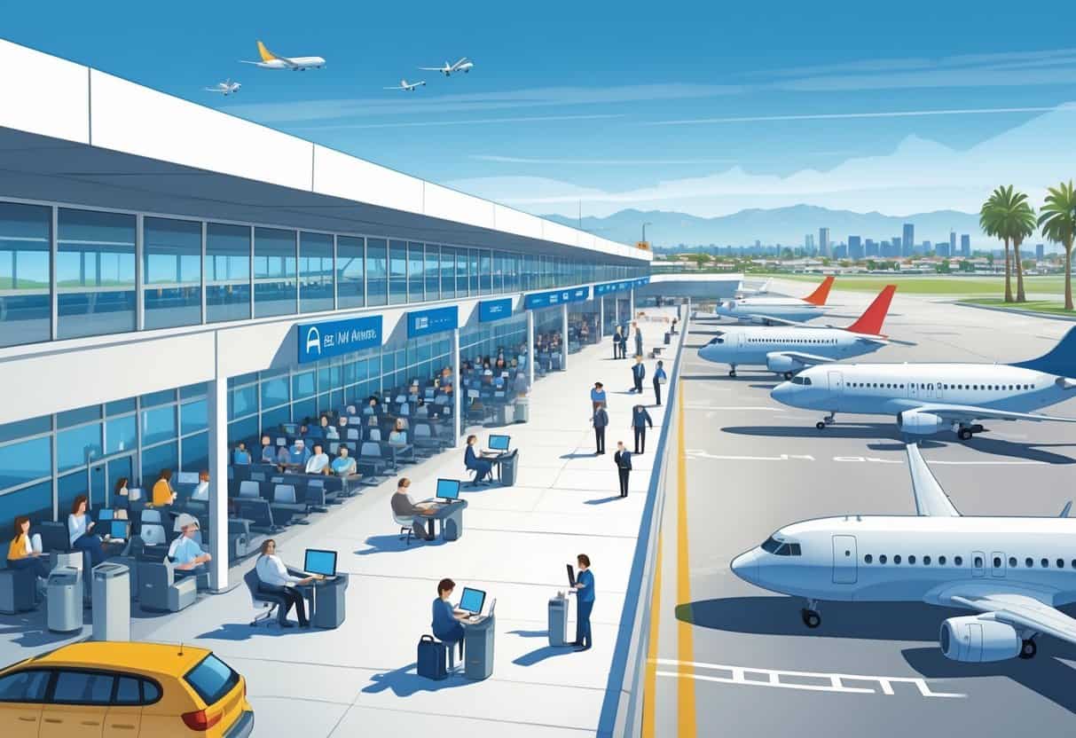 An airport terminal with travelers waiting calmly inside and airplanes parked outside, with a city skyline and mountains visible in the background.