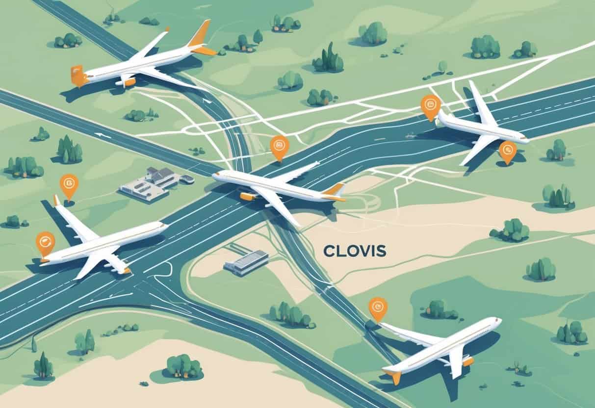 A map showing Clovis, California, and nearby airports represented by icons with runways and terminals, surrounded by roads and natural features.