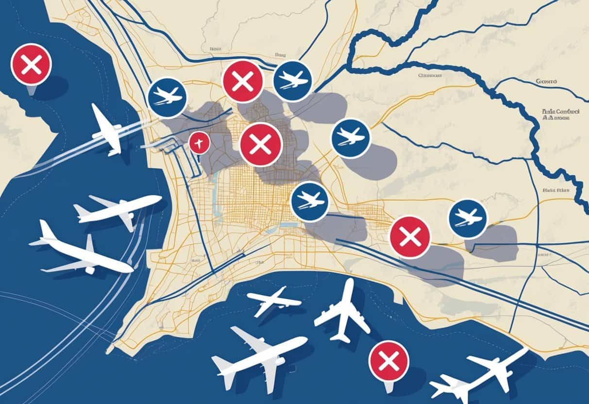 A map showing Concord, California with nearby airports marked by airplane icons, some planes grounded, illustrating flight cancellations in the area.