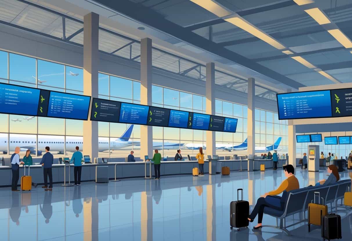 An airport terminal with passengers interacting with airline staff and waiting comfortably, showing a calm and supportive environment during flight cancellations.