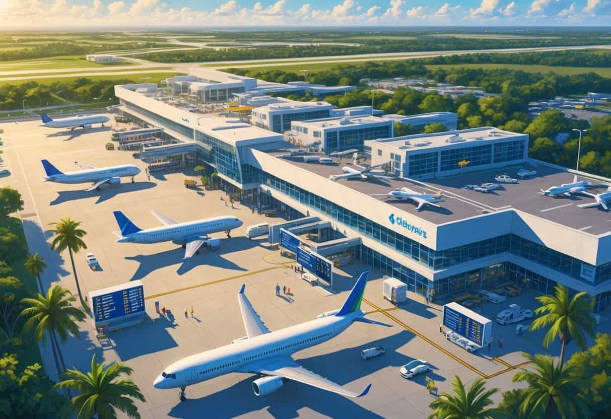 Aerial view of an airport in Coral Springs, Florida, showing airplanes on the ground, passengers waiting, and airport staff assisting travelers.