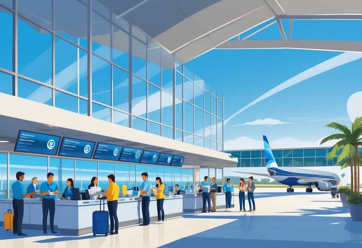 Airport terminal near Costa Mesa with travelers receiving assistance, seating areas, and a plane parked outside under clear skies with palm trees.