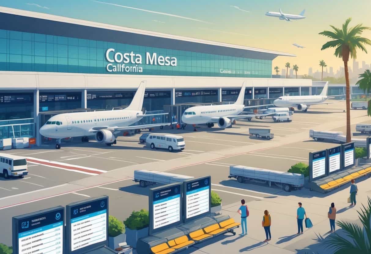 Airport terminal in Costa Mesa with airplanes parked and travelers checking flight information boards, showing a scene of flight delays and cancellations.