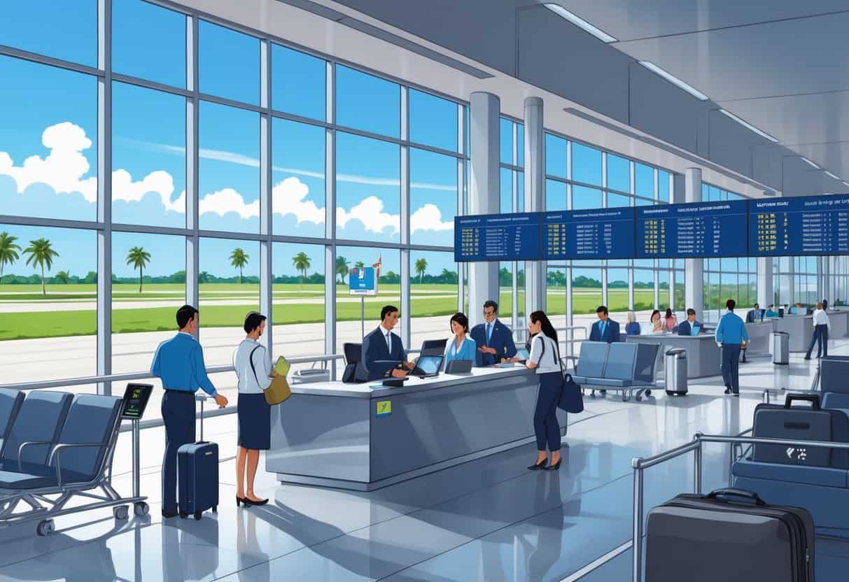 Airport terminal in Davie, Florida with passengers receiving help at a customer service desk, palm trees visible outside through large windows.