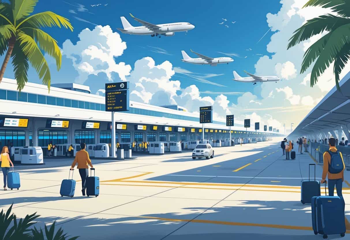 A busy airport terminal near Davie, Florida with airplanes, travelers, palm trees, and flight information screens under a partly cloudy sky.