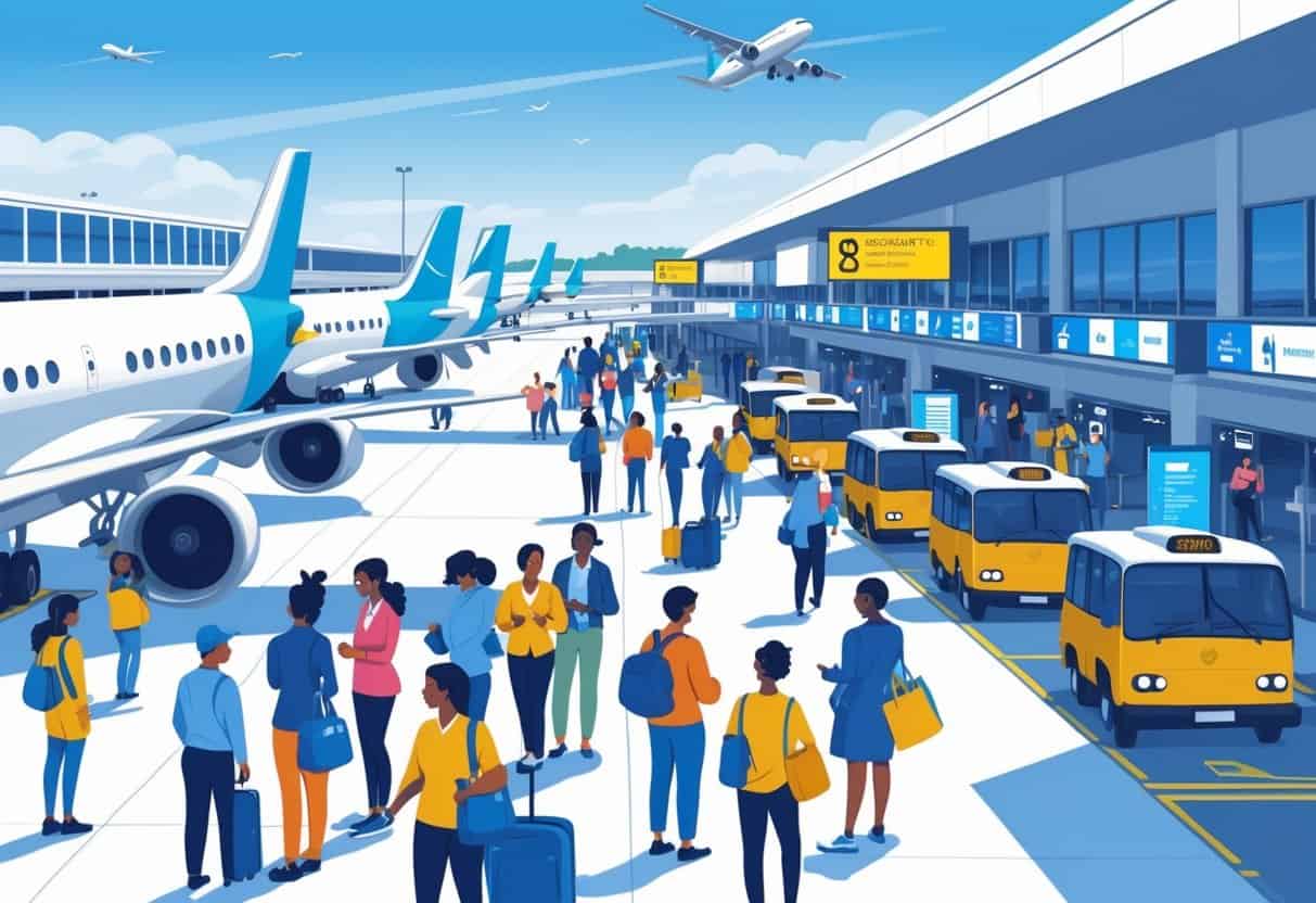 A busy airport terminal in Columbus, Georgia with travelers waiting calmly, airplanes at gates, and airport staff assisting passengers.