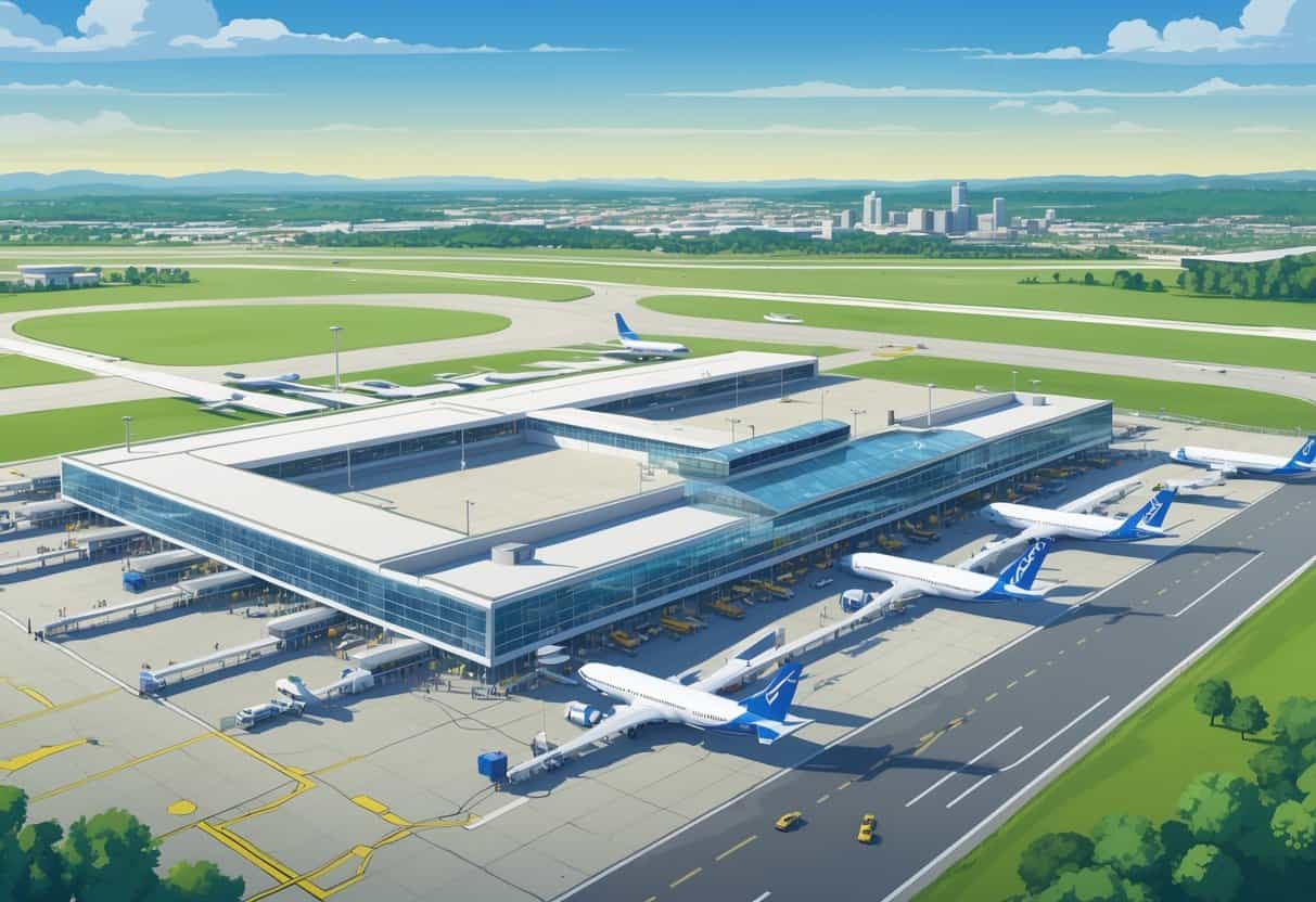 A detailed illustration of Columbus, Georgia airports with airplanes at gates, runways, and a cityscape in the background under clear skies.