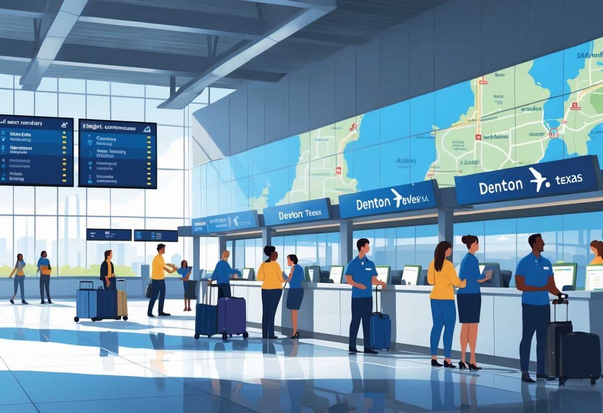 Passengers receiving assistance at an airport terminal in Denton, Texas, with flight information screens and a map showing nearby airports.