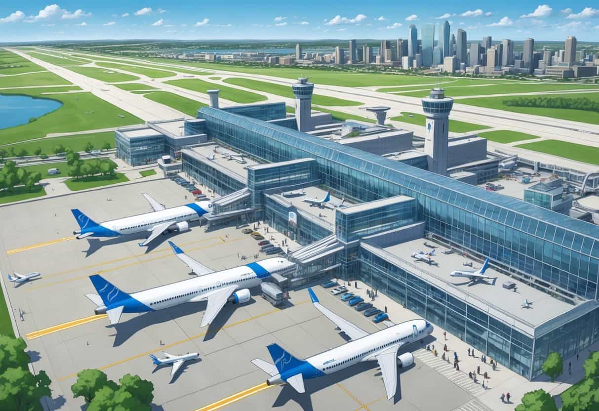 Aerial view of two busy airports in Detroit with airplanes, terminals, control towers, and the city skyline in the background, showing a calm and organized airport environment.