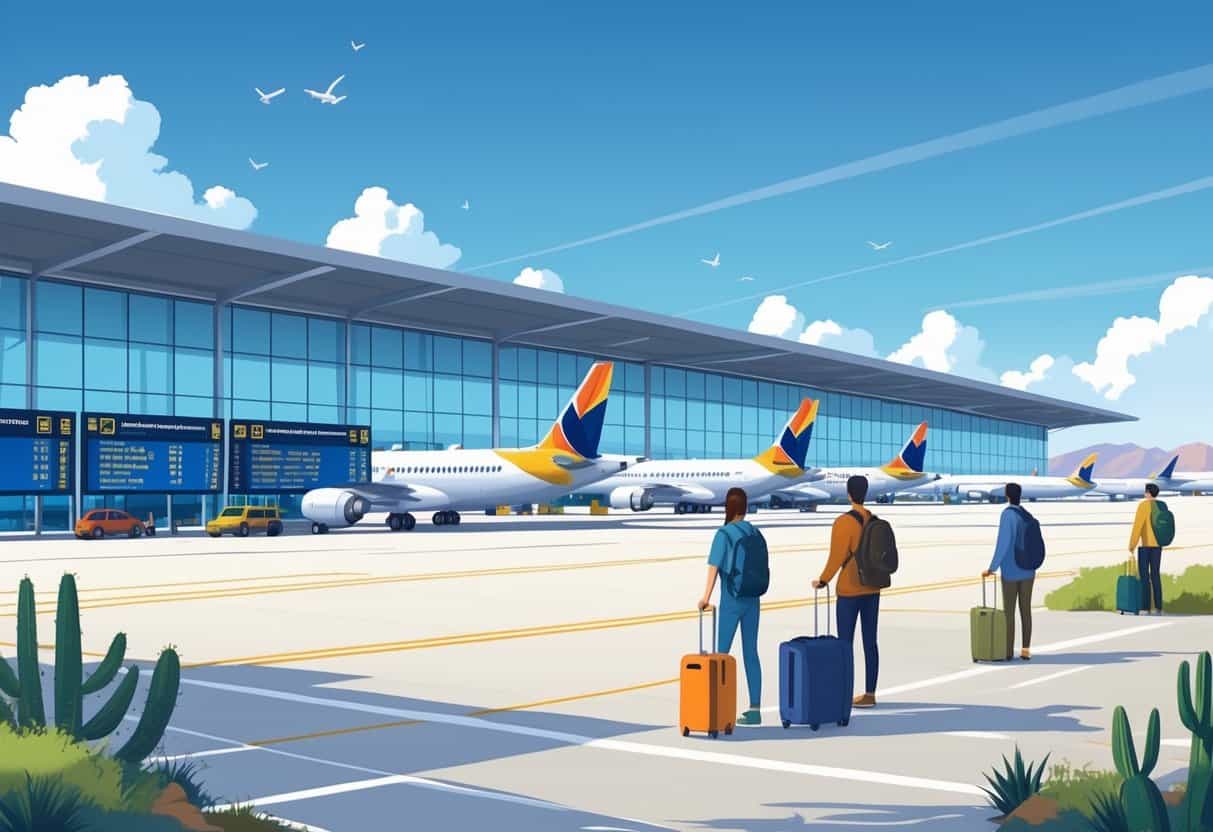 An airport terminal with airplanes, travelers checking flight information, and desert plants in the background.
