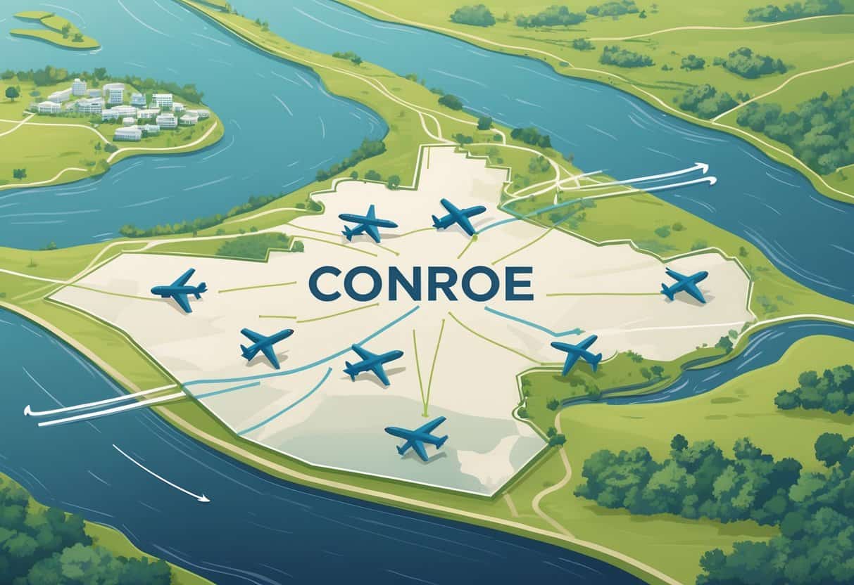 A map showing Conroe, Texas, with nearby airports marked around it connected by lines, surrounded by urban and natural landscape features.