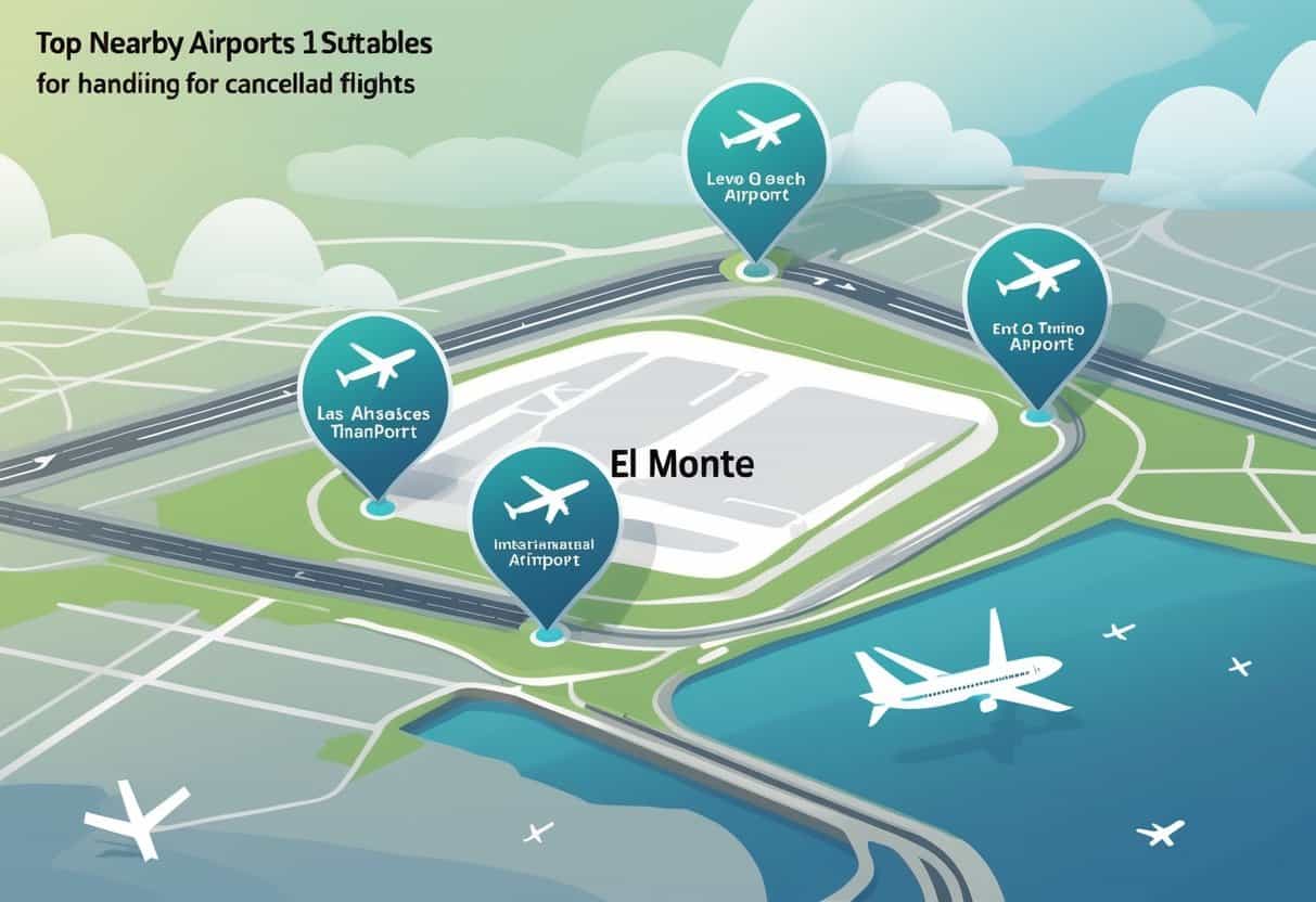 Map showing El Monte, California, surrounded by nearby airports with airplanes flying near the runways.