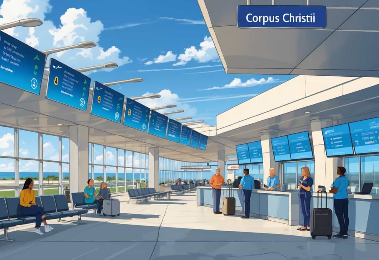 An airport terminal with passengers waiting and airline staff assisting travelers, with a coastal landscape visible outside.