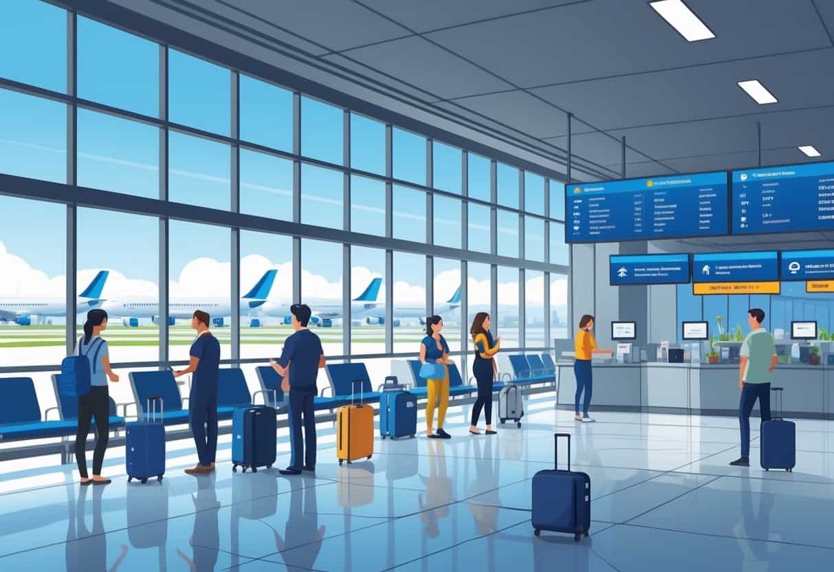 An airport terminal with passengers and airline staff assisting travelers near service desks, airplanes visible outside large windows, and the Columbus skyline in the background.