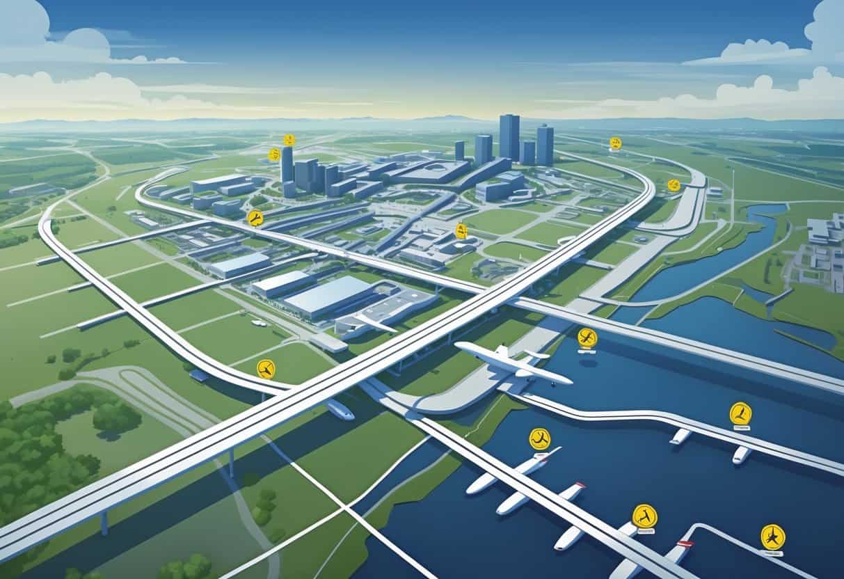 A detailed aerial map showing Columbus, Ohio, with nearby airports marked by icons, flight paths, and symbols indicating cancelled flights.