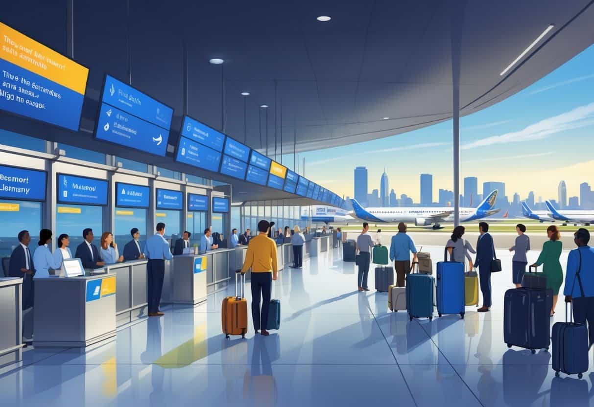 An airport terminal in Elizabeth, New Jersey, showing airline staff assisting passengers with flight cancellations and airplanes parked outside under a clear sky.