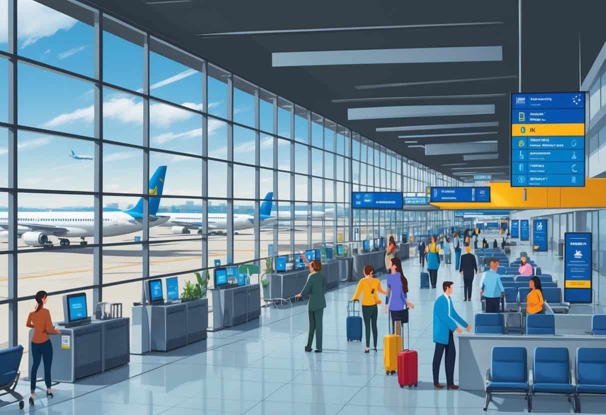 Airport terminal with travelers and staff assisting passengers near service desks and planes visible outside on the runway.