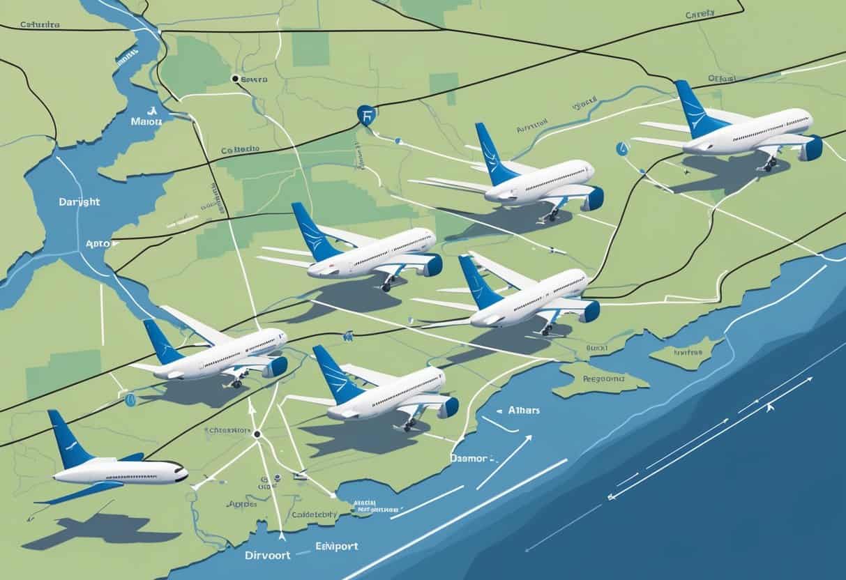 Map showing Davenport, Iowa and nearby airports with airplanes on the ground and in flight, highlighting major airports in the region.