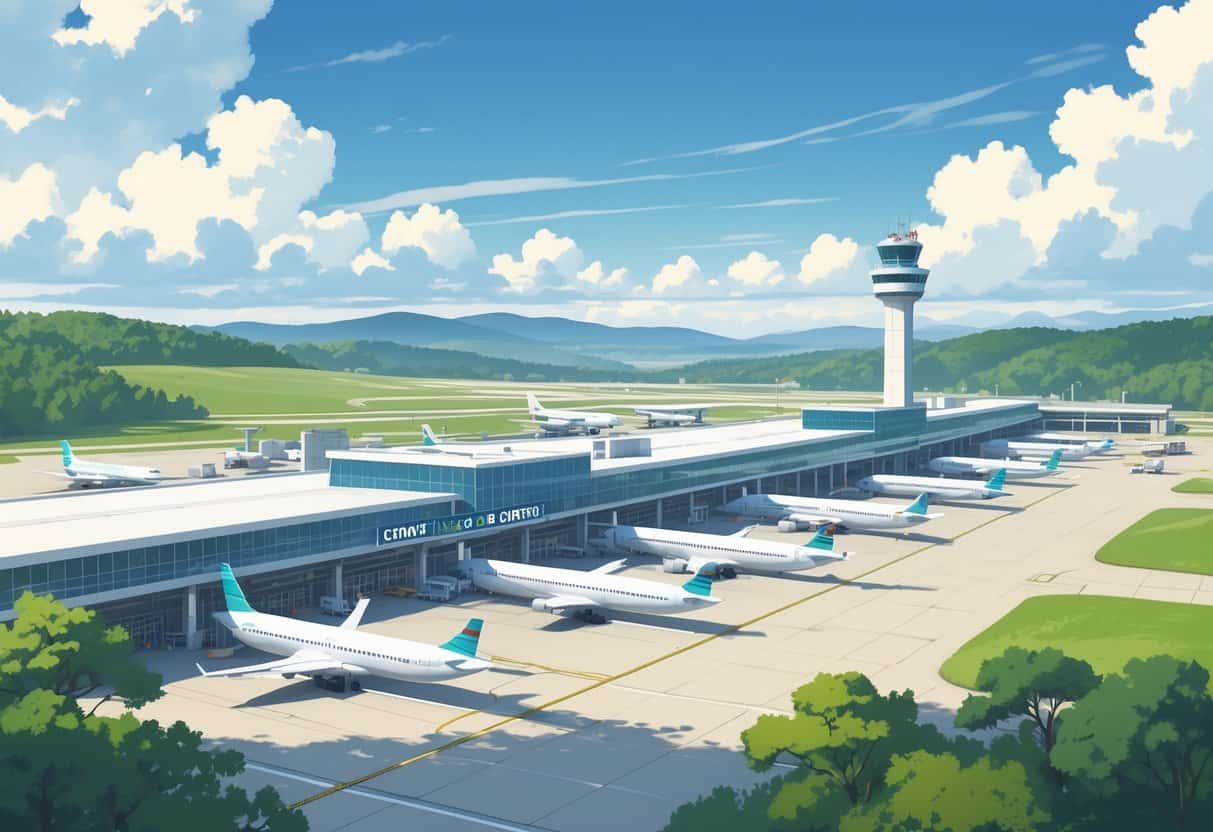 An airport scene in Concord, North Carolina showing airplanes at gates, a control tower, airport terminal, and surrounding green hills under a partly cloudy sky.