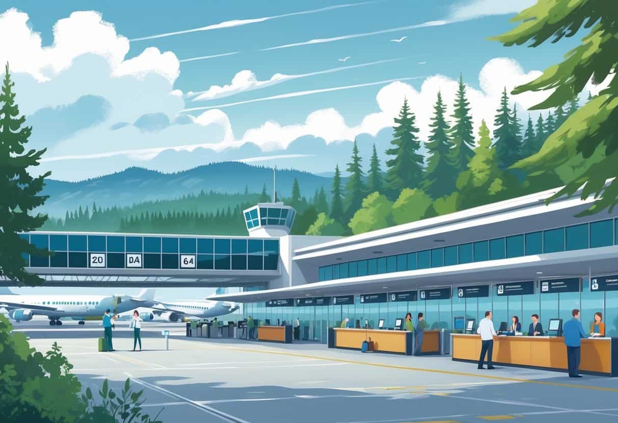 An airport terminal in Eugene, Oregon with airplanes parked outside, travelers waiting inside, and green trees and mountains in the background.