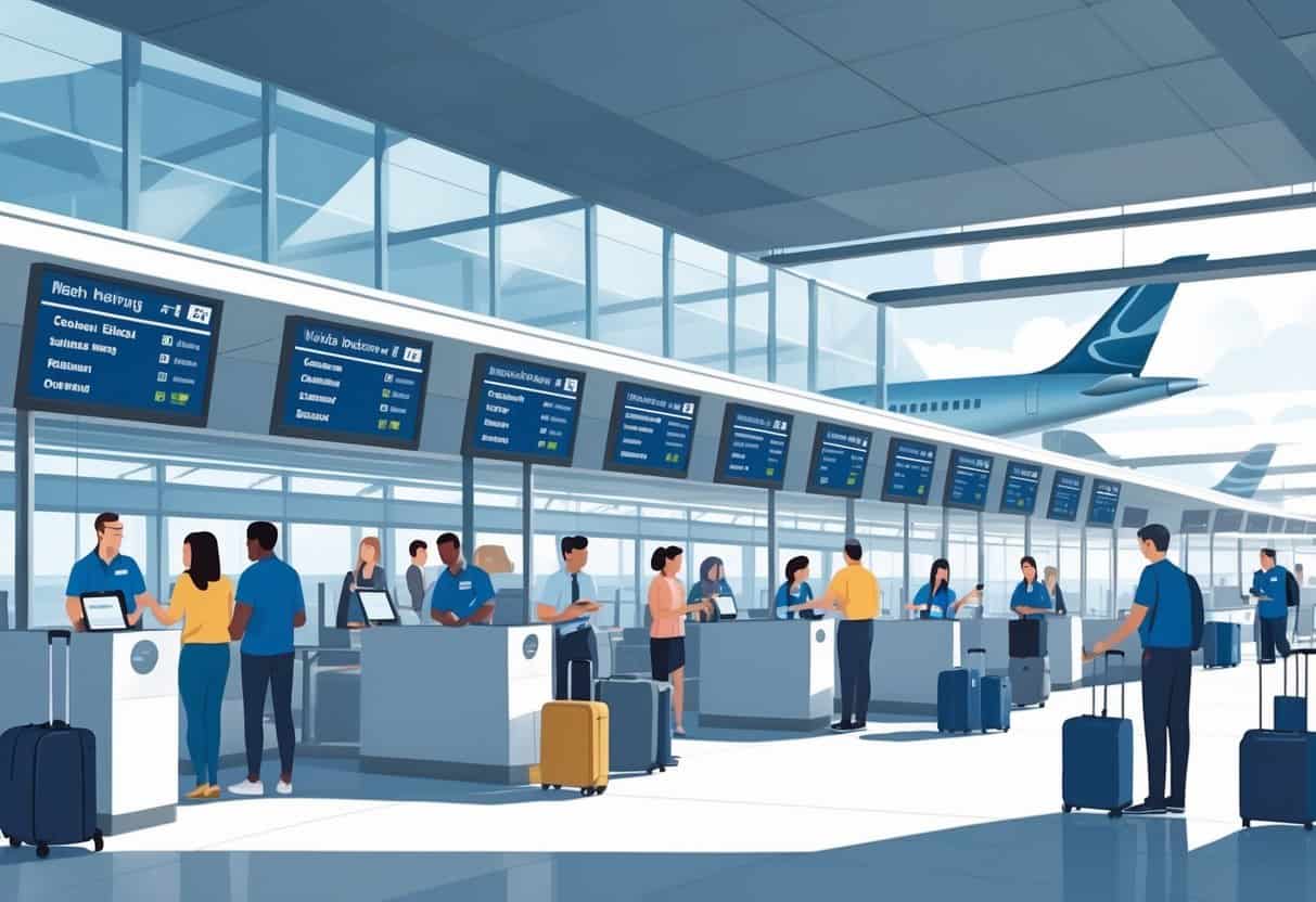 An airport terminal scene showing staff assisting passengers affected by cancelled flights, with flight information boards and airplanes at gates in the background.