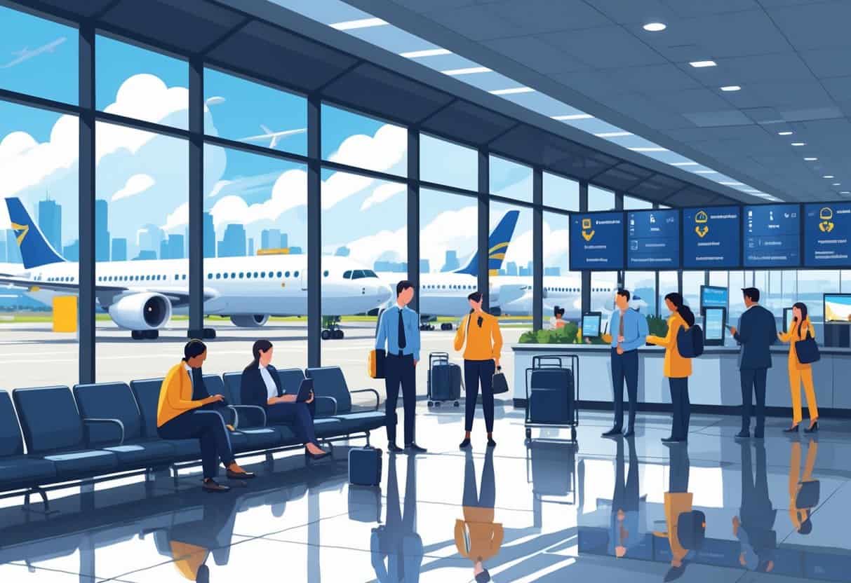 A busy airport terminal with passengers waiting and airline staff assisting travelers amid cancelled flights, with airplanes visible outside and elements representing Dearborn, Michigan.