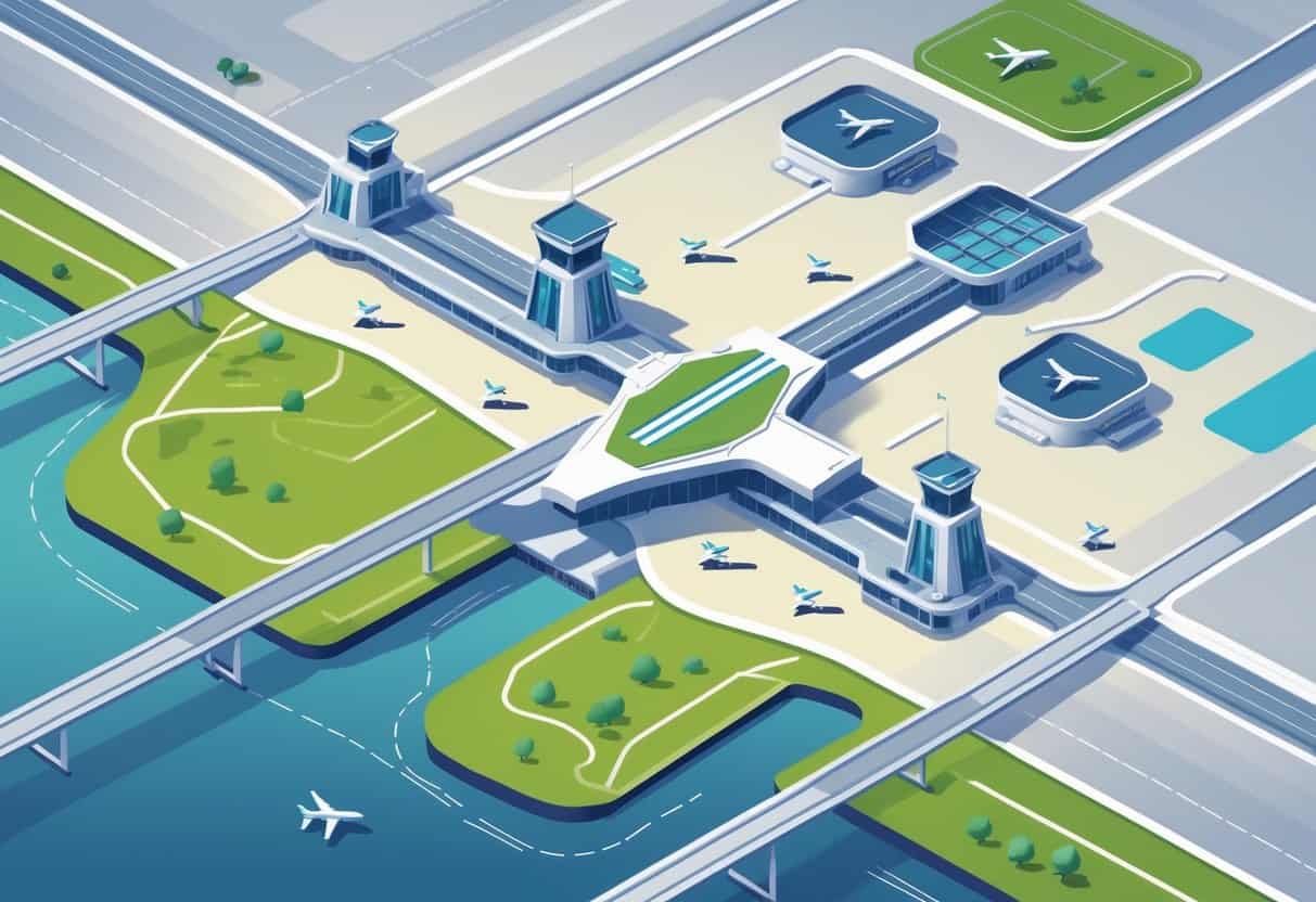 A map centered on Dearborn, Michigan, showing nearby airports with runways and airplanes, connected by travel routes, with a cityscape background.