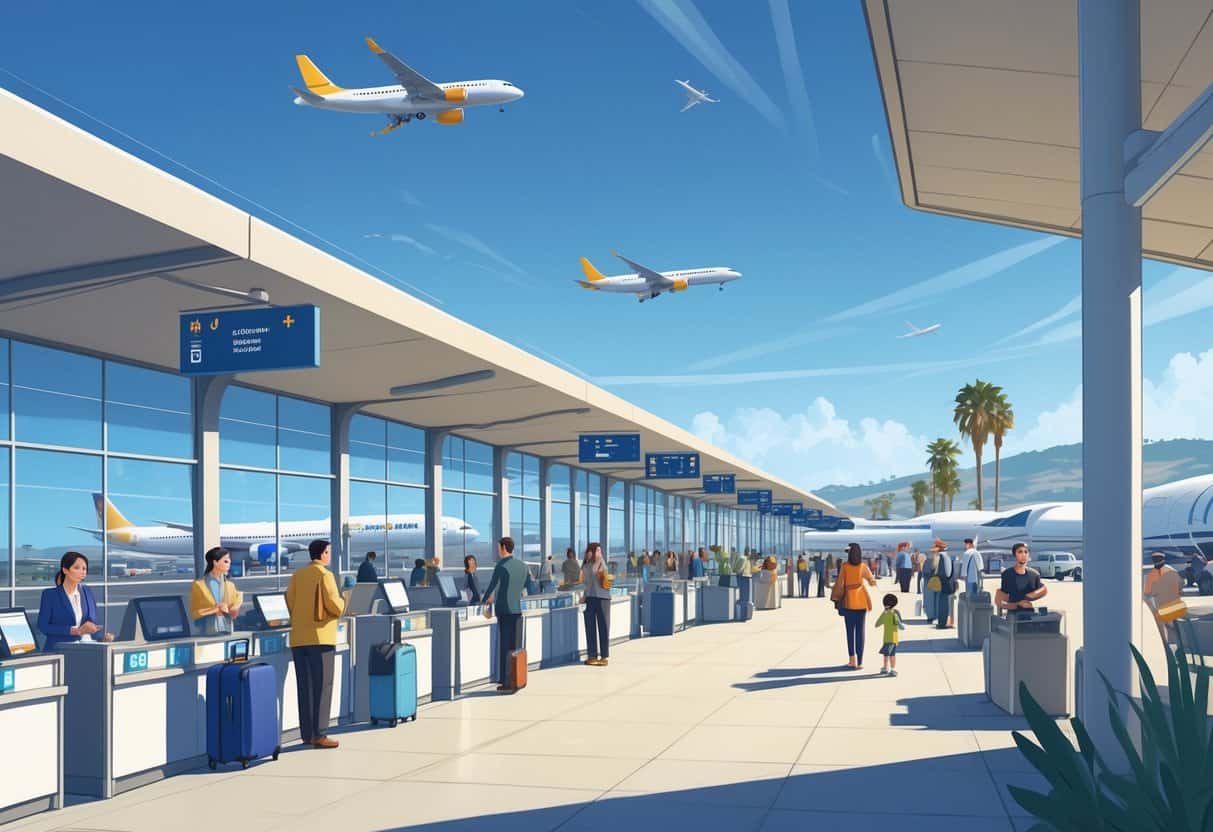 Airport terminal in Corona, California with travelers waiting calmly, airport staff assisting, airplanes outside, and palm trees in the background.