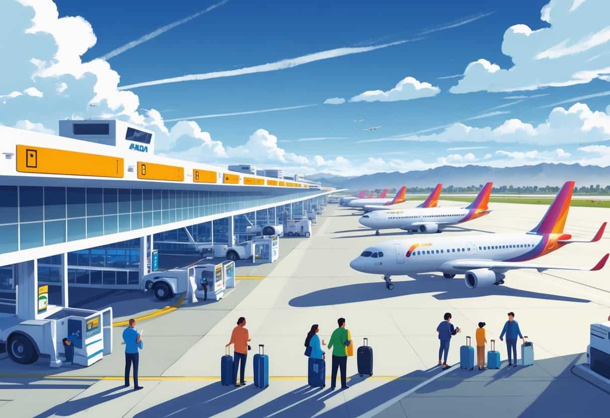 A busy airport terminal near Corona, California with airplanes at gates, travelers waiting with luggage, and a sunny landscape with mountains and palm trees in the background.