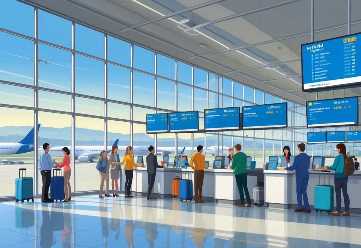 Airport terminal in Fairfield, California with passengers receiving assistance at customer service counters and airplanes visible outside the large windows.