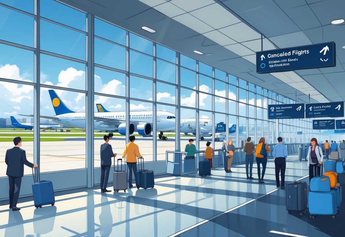 A busy airport terminal with travelers waiting and airplanes visible outside on the runway.