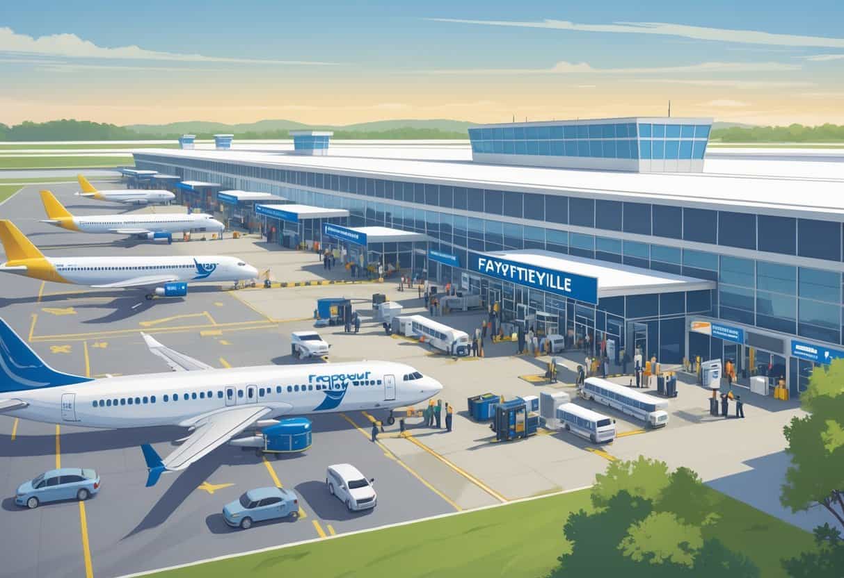A busy airport terminal with airplanes at gates, passengers waiting calmly, and airline staff assisting travelers outdoors with a clear sky and distant trees in the background.
