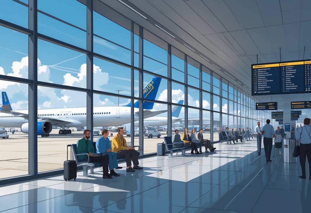 An airport terminal in Fayetteville with airplanes parked outside and passengers waiting inside, some showing signs of flight delays.