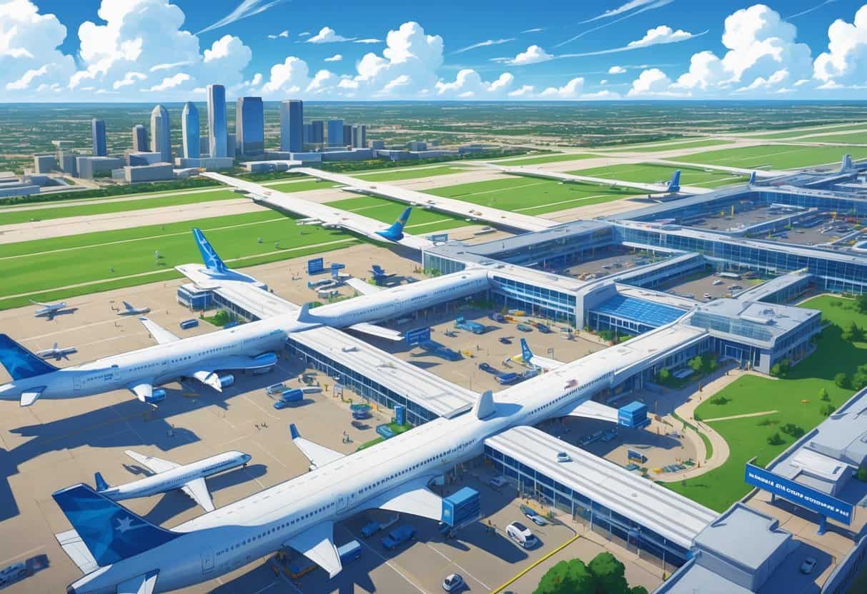 Aerial view of two busy airports in Dallas, Texas, showing airplanes on runways and passengers inside terminals receiving assistance.