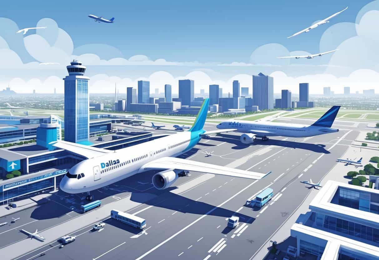 Aerial view of Dallas showing two major airports with runways, terminals, airplanes, and passengers being assisted, with the city skyline in the background.