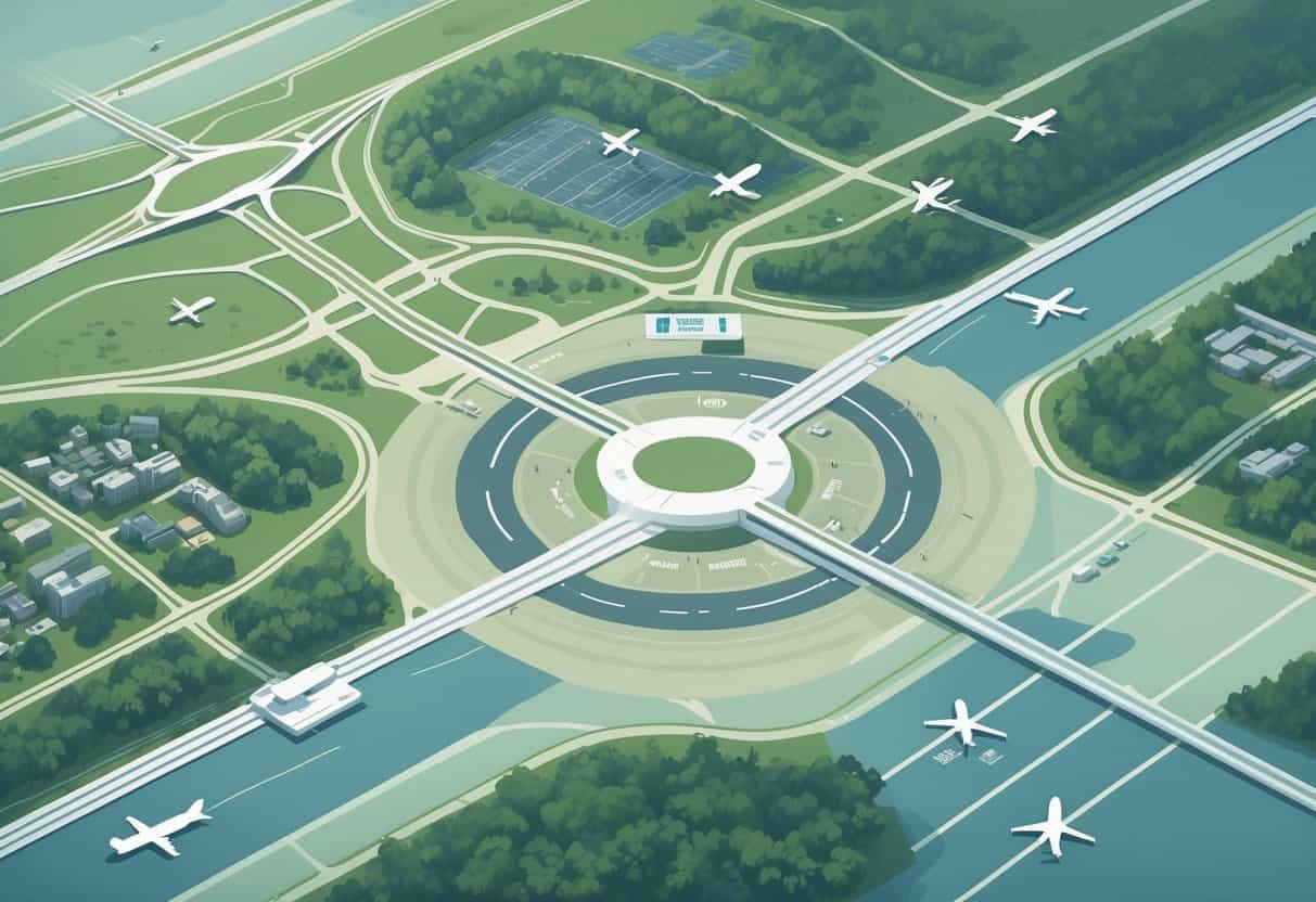 A detailed aerial map showing airports near Durham, North Carolina, with grounded airplanes and flight information boards indicating cancellations.